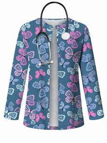 PopScrub Butterfly Cartoon Print Scrub Jacket,Fashion Cardigan With Hanging Ear Design For Women Nurse Scrub Top,Butterfly Pattern Haze Blue Top,Maid,Work - Multicolor - View 1