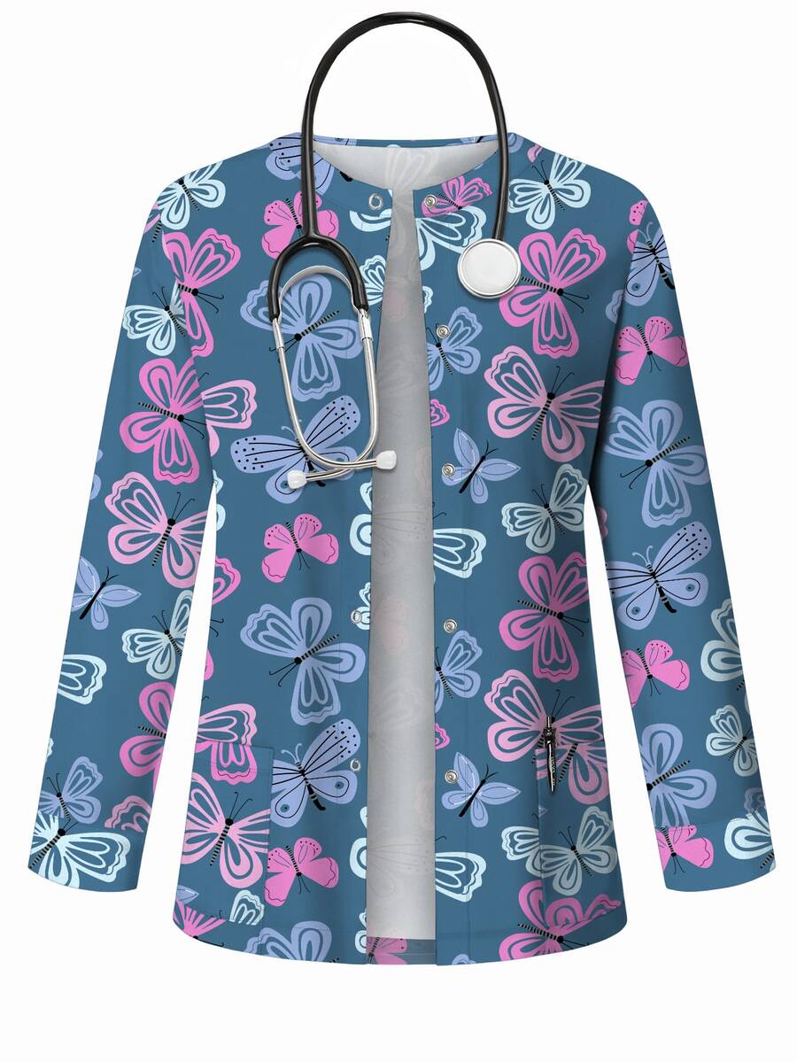 PopScrub Butterfly Cartoon Print Scrub Jacket,Fashion Cardigan With Hanging Ear Design For Women Nurse Scrub Top,Butterfly Pattern Haze Blue Top,Maid,Work - Multicolor - View 1