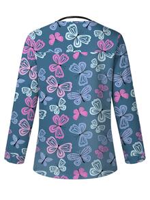 PopScrub Butterfly Cartoon Print Scrub Jacket,Fashion Cardigan With Hanging Ear Design For Women Nurse Scrub Top,Butterfly Pattern Haze Blue Top,Maid,Work - Multicolor - View 2