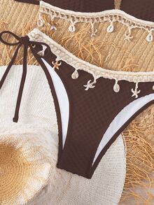 SHEIN Swim 春假纯色纹理贝壳抽绳装饰吊带比基尼上衣和抽绳下装，夏季海滩派对女士泳衣 - 咖啡棕 - 查看 4