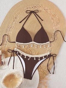 SHEIN Swim 春假纯色纹理贝壳抽绳装饰吊带比基尼上衣和抽绳下装，夏季海滩派对女士泳衣 - 咖啡棕 - 查看 1