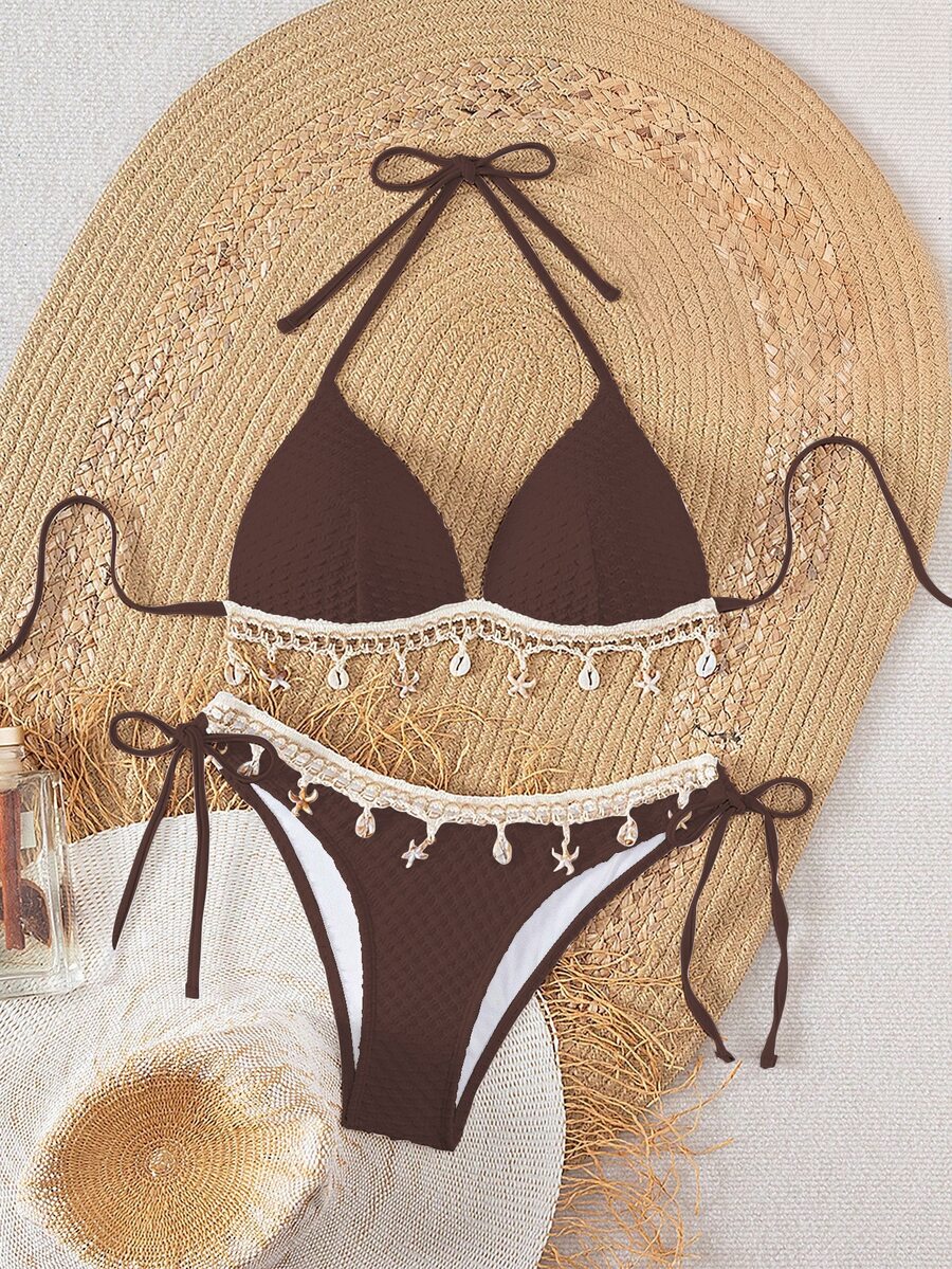 SHEIN Swim 春假纯色纹理贝壳抽绳装饰吊带比基尼上衣和抽绳下装,夏季海滩派对女士泳衣 - 咖啡棕 - 查看 1