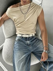 Manfinity Dauomo Men's Solid Color Asymmetric Shoulder Pleated Casual T-Shirt - Beige - View 3