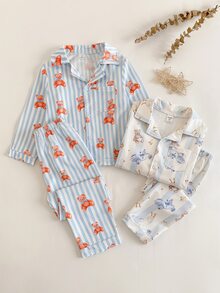 SHEIN 男童可愛俏皮藍色條紋熊圖案休閒長袖褲 2件套居家服 - 藍色 - 查看 1