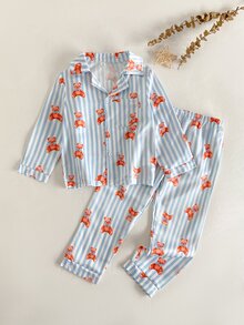 SHEIN 男童可愛俏皮藍色條紋熊圖案休閒長袖褲 2件套居家服 - 藍色 - 查看 2