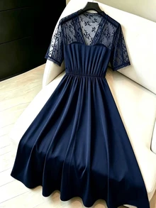 GlowEve CURVE Women's French Elegant Casual Vacation Commute Dress, Navy Blue Woven Fabric With Lace Design, Lace Bustier Waist-Cinching Full Skirt Midi Dress, Slimming Waist Mid-Length Dress, Party Dress, Women's Vintage Style Dress, Women's Commute Outfit, Women's Wedding Guest Dress, Women's Dress, Summer Women's Dress - Navy Blue - View 2