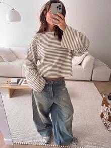 SHEIN EZwear 海外長袖條紋T恤，秋季上衣，適合日常通勤、聚會、秋冬/夏季、聖誕節、新年、感恩節、派對、婚禮、海灘、畢業典禮、優雅、外出、約會、通勤、情人節、優雅、度假、Y2K、畢業典禮等場合 - 彩色 - 查看 6