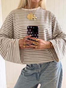 SHEIN EZwear 海外長袖條紋T恤，秋季上衣，適合日常通勤、聚會、秋冬/夏季、聖誕節、新年、感恩節、派對、婚禮、海灘、畢業典禮、優雅、外出、約會、通勤、情人節、優雅、度假、Y2K、畢業典禮等場合 - 彩色 - 查看 5