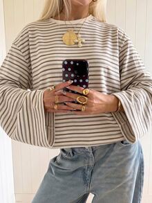 SHEIN EZwear 海外長袖條紋T恤，秋季上衣，適合日常通勤、聚會、秋冬/夏季、聖誕節、新年、感恩節、派對、婚禮、海灘、畢業典禮、優雅、外出、約會、通勤、情人節、優雅、度假、Y2K、畢業典禮等場合 - 彩色 - 查看 1