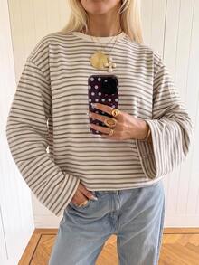SHEIN EZwear 海外長袖條紋T恤，秋季上衣，適合日常通勤、聚會、秋冬/夏季、聖誕節、新年、感恩節、派對、婚禮、海灘、畢業典禮、優雅、外出、約會、通勤、情人節、優雅、度假、Y2K、畢業典禮等場合 - 彩色 - 查看 3