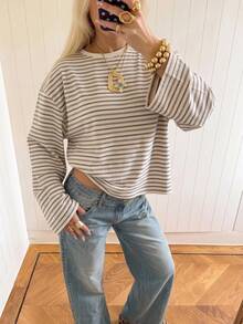SHEIN EZwear 海外長袖條紋T恤，秋季上衣，適合日常通勤、聚會、秋冬/夏季、聖誕節、新年、感恩節、派對、婚禮、海灘、畢業典禮、優雅、外出、約會、通勤、情人節、優雅、度假、Y2K、畢業典禮等場合 - 彩色 - 查看 4