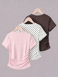 Kids Tween Girls Simple Casual Waist Ruched 3pcs Pieces Set T-Shirt With Cartoon Pattern, Suitable For Summer - Multicolor - View 3