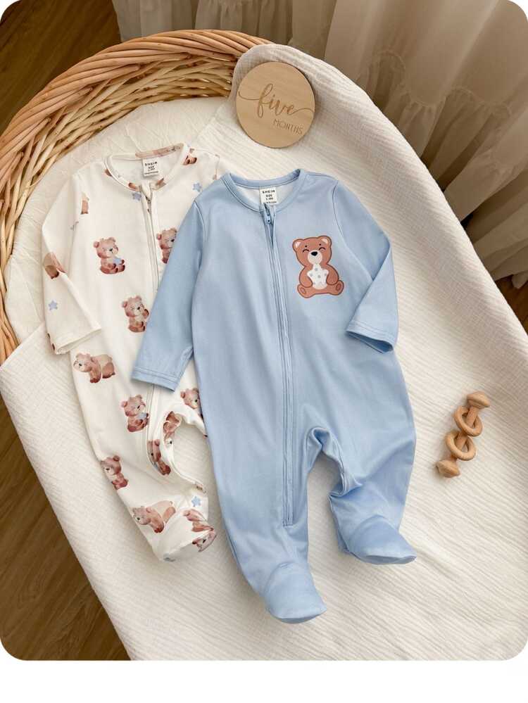 SHEIN 2pcs Newborn Baby Boy Cute Casual Comfortable Cartoon Bear Pattern Long Sleeve Pajama Set - Blue - View 8