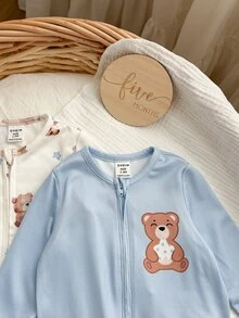 SHEIN 2件組新生男嬰可愛休閒舒適卡通熊圖案長袖睡衣套裝 - 藍色 - 查看 4
