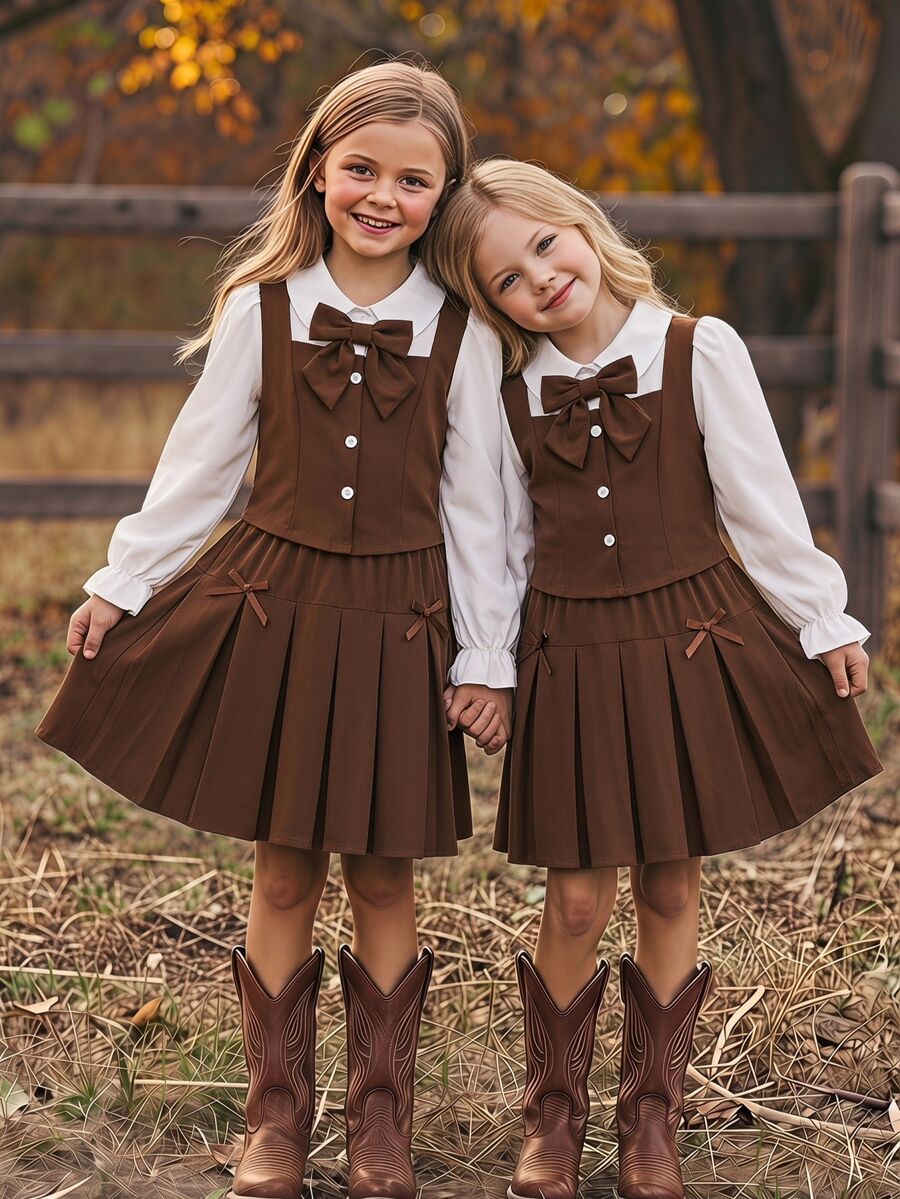 SHEIN Vintaside Kids Tween Girls' Colorblock Shirt Collar Puff Long Sleeve Blouse With Elastic Waist Pleated Skirt, Preppy Style, Suitable For Spring/Autumn School - Brown - View 1