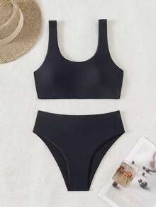 SHEIN Swim Women's Solid Color Bikini Set For Summer Beach & Swimming Pool - Black - View 4