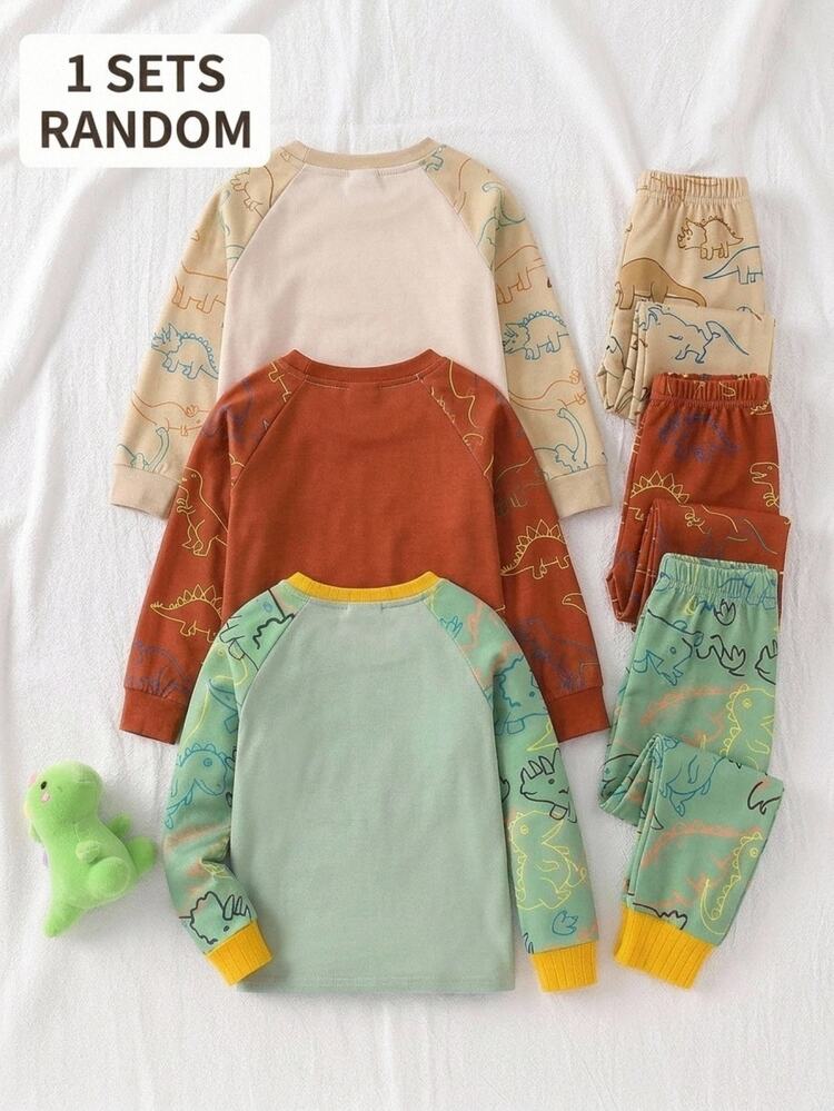 SHEIN Young Boy Dinosaur Pattern Fitted Long Sleeve T-Shirt And Fitted Long Pants 2-Piece Set, Suitable For All Seasons - Green - View 2