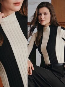 Anewsta Women's Classic Contrast Color Striped Knit Slim Fit Versatile Commuter Top, Autumn/Winter - Black and White - View 1