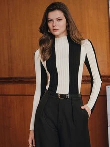 Anewsta Women's Classic Contrast Color Striped Knit Slim Fit Versatile Commuter Top, Autumn/Winter - Black and White - View 6