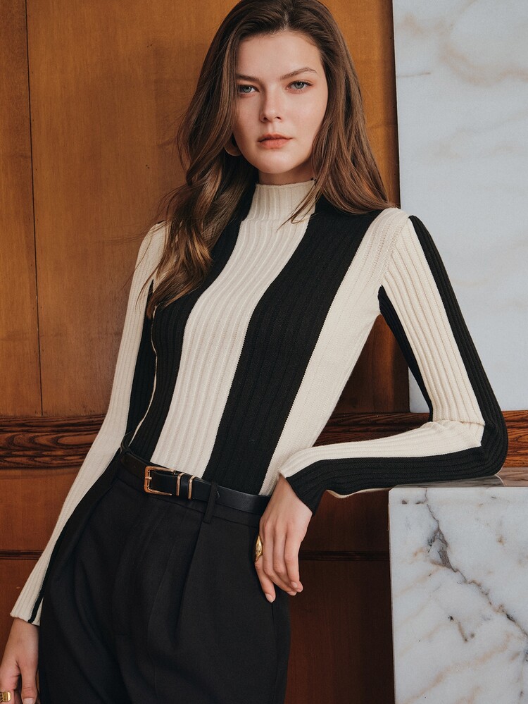 Anewsta Women's Classic Contrast Color Striped Knit Slim Fit Versatile Commuter Top, Autumn/Winter - Black and White - View 5