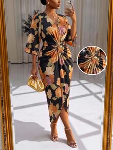 SHEIN Lady Plus Size Women's Floral Print 3/4 Sleeve Waist Knot Elegant Dress Fall - Multicolor - View 1