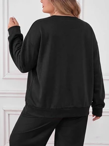 SHEIN CURVE+ Plus Size 22W Casual Minimalist Plus Size Printed Pattern Crew Neck Sweatshirt, Suitable For Autumn/Winter - Black - View 2