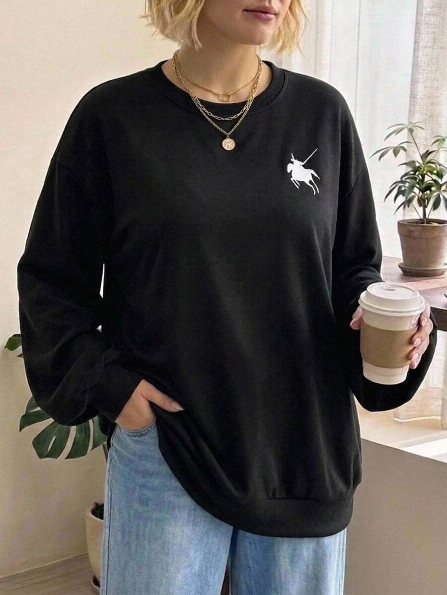 SHEIN CURVE+ Plus Size 22W Casual Minimalist Plus Size Printed Pattern Crew Neck Sweatshirt, Suitable For Autumn/Winter - Black - View 1