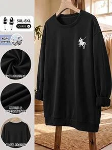 SHEIN CURVE+ Plus Size 22W Casual Minimalist Plus Size Printed Pattern Crew Neck Sweatshirt, Suitable For Autumn/Winter - Black - View 3