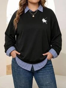 SHEIN CURVE+ Plus Size 22W Casual Minimalist Plus Size Printed Pattern Crew Neck Sweatshirt, Suitable For Autumn/Winter - Black - View 4