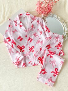 SHEIN Girls' Cute Pink Bow Print Casual Comfortable Long Sleeve Long Pants Loungewear - Pink - View 2