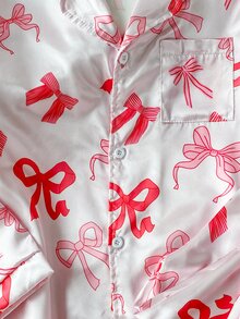 SHEIN Girls' Cute Pink Bow Print Casual Comfortable Long Sleeve Long Pants Loungewear - Pink - View 7