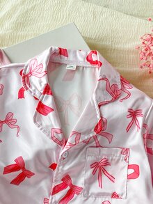 SHEIN Girls' Cute Pink Bow Print Casual Comfortable Long Sleeve Long Pants Loungewear - Pink - View 4