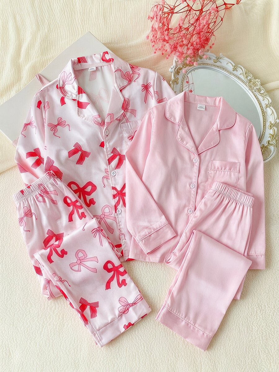 SHEIN Girls' Cute Pink Bow Print Casual Comfortable Long Sleeve Long Pants Loungewear - Pink - View 1