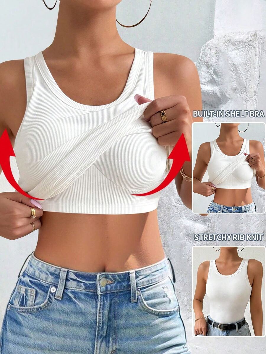 SHEIN Raffinéa Fitted Sexy Minimalist Sexy Phoenix With Padded Ribbed Camisole - White - View 1