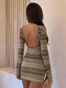 Aloruh Women's Autumn/Winter Casual Knitted Multi-Color Striped Backless Mini Dress - Multicolor - View 8