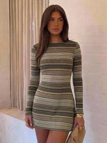 Aloruh Women's Autumn/Winter Casual Knitted Multi-Color Striped Backless Mini Dress - Multicolor - View 9