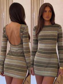 Aloruh Women's Autumn/Winter Casual Knitted Multi-Color Striped Backless Mini Dress - Multicolor - View 1