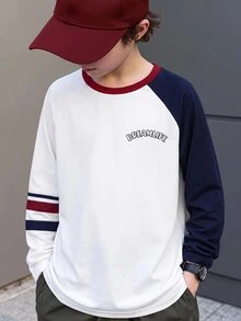 SHEIN 1件兒童青少年男孩拼色長袖T恤，休閒學院風，舒適時尚，簡約實用百搭，柔軟面料，適合日常穿著、上學、旅行、戶外運動，四季皆宜 - 白色 - 查看 3
