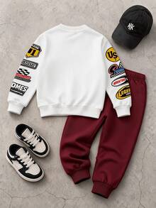 Tween Boys Sweatshirt Set, Sweatshirt Is A Loose Round Neck Style With White Ribbed Cuffs, Neckline And Hem, Front Printed With Large Slogan "NORISKNOSTORY" And Small Handwritten Style Decoration Below, Sweatpants Have Same Color Ribbed Cuffs And Black Background "SPEED" Print On Both Sides - Multicolor - View 2