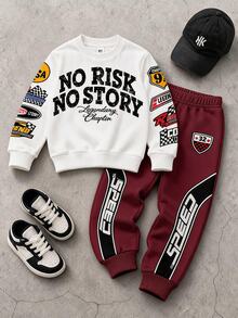 Tween Boys Sweatshirt Set, Sweatshirt Is A Loose Round Neck Style With White Ribbed Cuffs, Neckline And Hem, Front Printed With Large Slogan "NORISKNOSTORY" And Small Handwritten Style Decoration Below, Sweatpants Have Same Color Ribbed Cuffs And Black Background "SPEED" Print On Both Sides - Multicolor - View 1