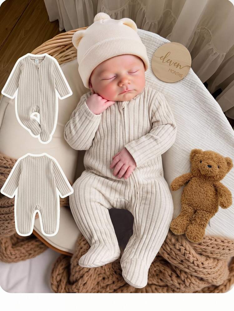 SHEIN Newborn Baby Girl Cute Casual Cartoon Pattern Knit Long Sleeve Pajamas ,Solid Color Knitted Soft Round Neck Long Sleeve Jumpsuit - Khaki - View 8