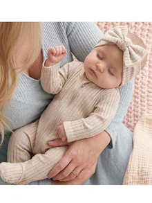 SHEIN Newborn Baby Girl Cute Casual Cartoon Pattern Knit Long Sleeve Pajamas ,Solid Color Knitted Soft Round Neck Long Sleeve Jumpsuit - Khaki - View 1