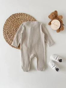 SHEIN Newborn Baby Girl Cute Casual Cartoon Pattern Knit Long Sleeve Pajamas ,Solid Color Knitted Soft Round Neck Long Sleeve Jumpsuit - Khaki - View 3
