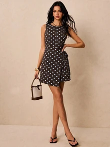 Poéselle Women's Brown Polka Dot Print Tie Wrap Denim Romper Brunch Tea Party Summer Elegant French Retro Vintage New Year Look - Brown - View 7