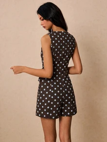 Poéselle Women's Brown Polka Dot Print Tie Wrap Denim Romper Brunch Tea Party Summer Elegant French Retro Vintage New Year Look - Brown - View 3