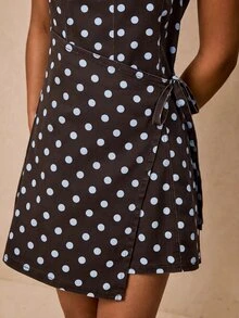 Poéselle Women's Brown Polka Dot Print Tie Wrap Denim Romper Brunch Tea Party Summer Elegant French Retro Vintage New Year Look - Brown - View 5