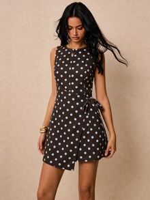 Poéselle Women's Brown Polka Dot Print Tie Wrap Denim Romper Brunch Tea Party Summer Elegant French Retro Vintage New Year Look - Brown - View 8