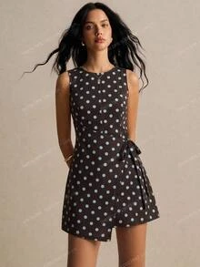 Poéselle Women's Brown Polka Dot Print Tie Wrap Denim Romper Brunch Tea Party Summer Elegant French Retro Vintage New Year Look - Brown - View 2