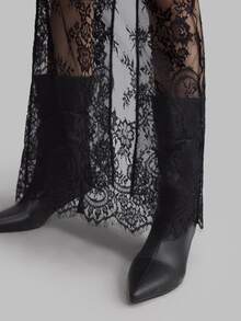 Ontre Women's Black Lace Skirt, Sheer Long Skirt, Summer Floral Elegant Sexy Flowy Bar Party Night, Vintage Semi-See-Through Vacation Wedding Guest Attire - Black - View 5