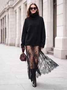 Ontre Women's Black Lace Skirt, Sheer Long Skirt, Summer Floral Elegant Sexy Flowy Bar Party Night, Vintage Semi-See-Through Vacation Wedding Guest Attire - Black - View 3